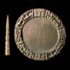 Ivory Tapper (iroke ifa) and Divination Tray (opon ifa), (from left): Yoruba, Nigeria, Accession No. 10.18.1, Yoruba, Nigeria, Accession No. 9.9.1