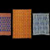 Three Textiles, (from left): Asante Kente, Ghana, Accession No. 21.10.2, Asante Adinkra, Ghana, Accession No. 21.18.15, Grasslands Ndop, Cameroon, Accession No. 21.12.15